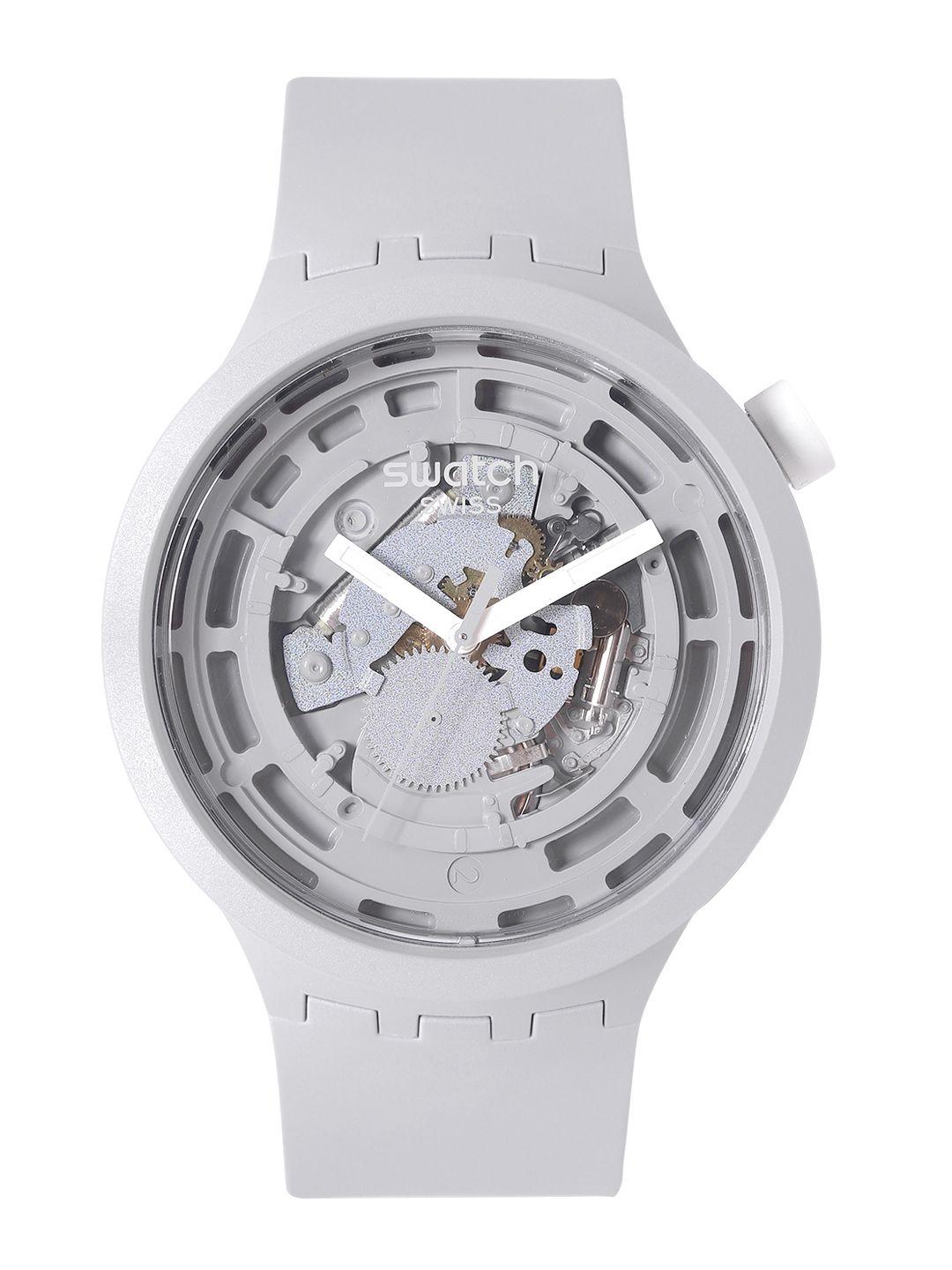 swatch unisex grey boost swiss made skeleton dial water resistant analogue watch sb03m100