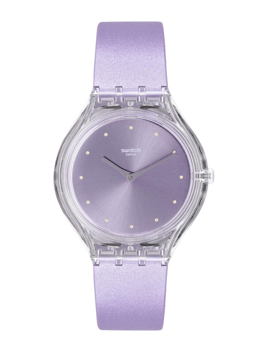 swatch unisex lavender water resistant analogue swiss made watch svok110