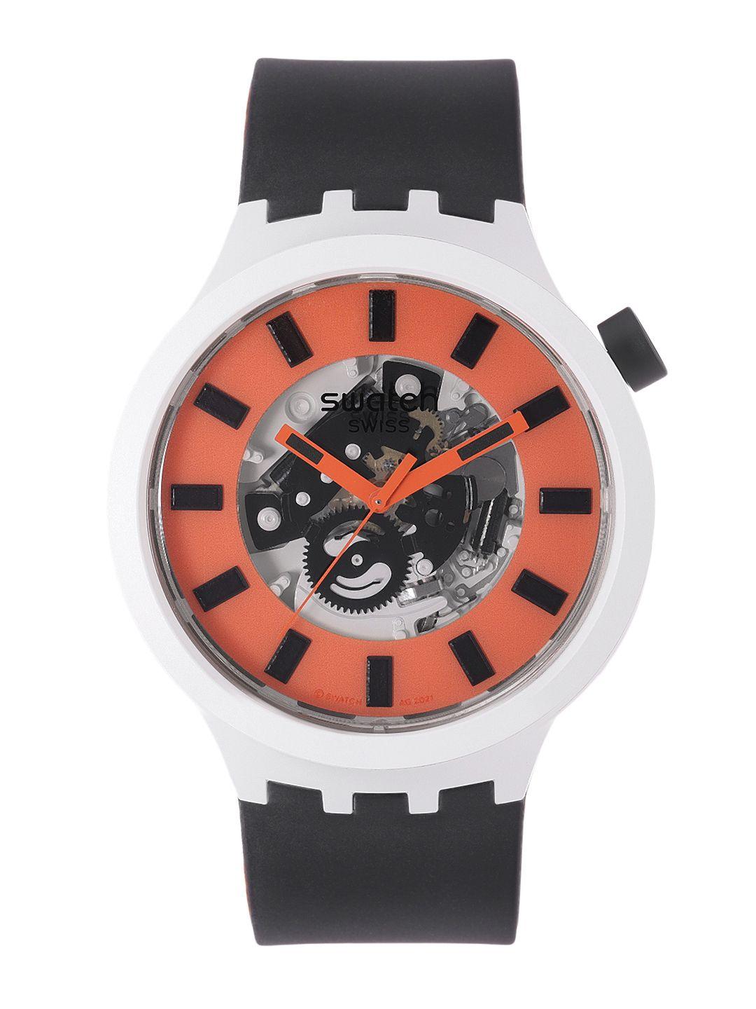 swatch unisex orange swiss made skeleton analogue watch sb03m104