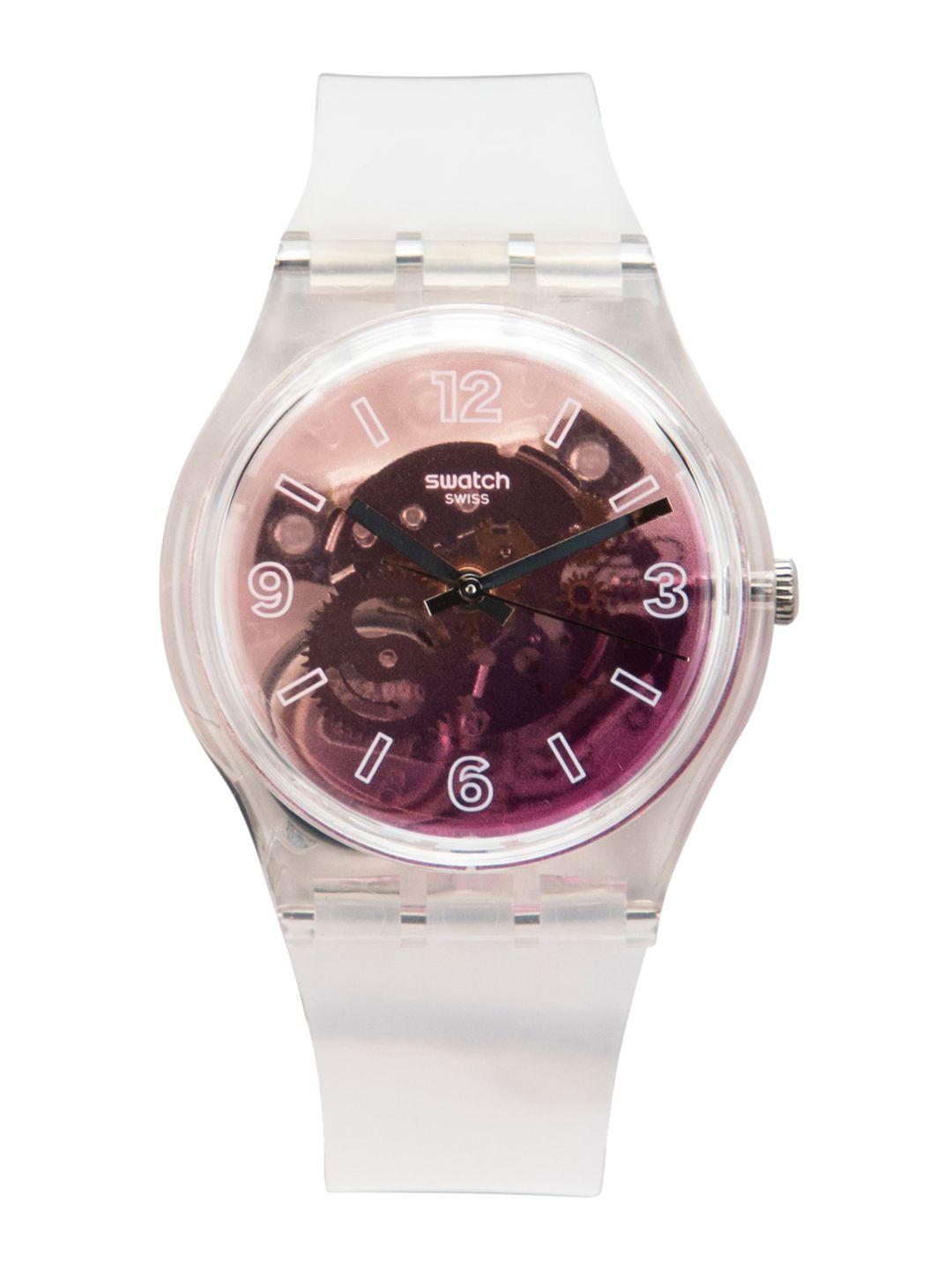 swatch unisex pink skeleton dial & transparent strap water resistant analogue watch ge290