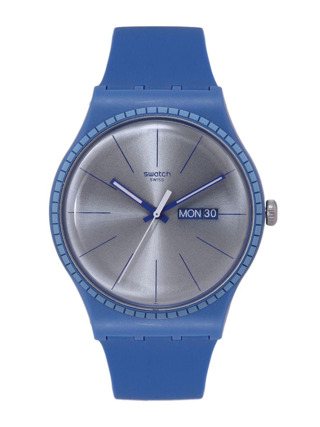 swatch unisex silver-toned swiss blue rails analogue watch suon714