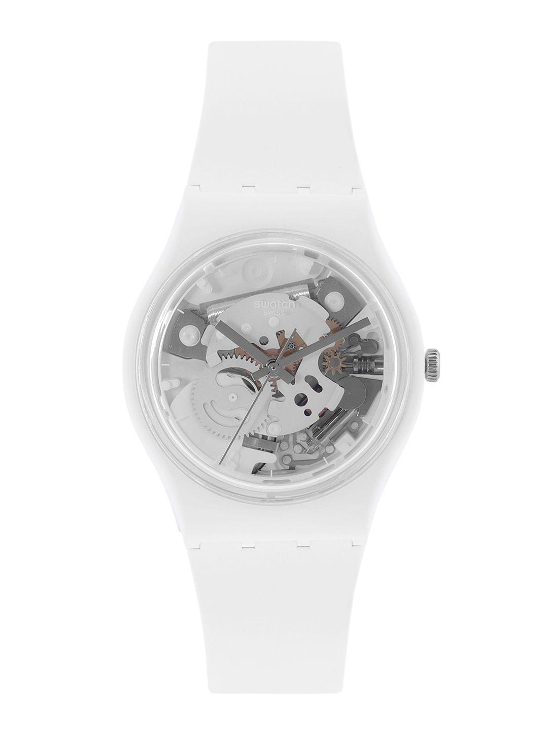 swatch unisex transparent skeleton swiss made water resistant analogue watch so31w102