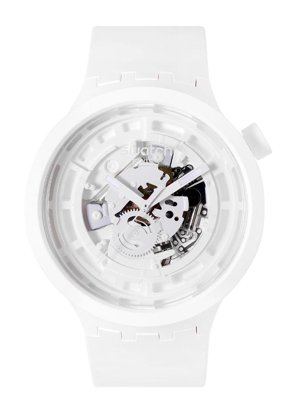 swatch unisex white boost swiss made skeleton dial water resistant analogue watch sb03w100