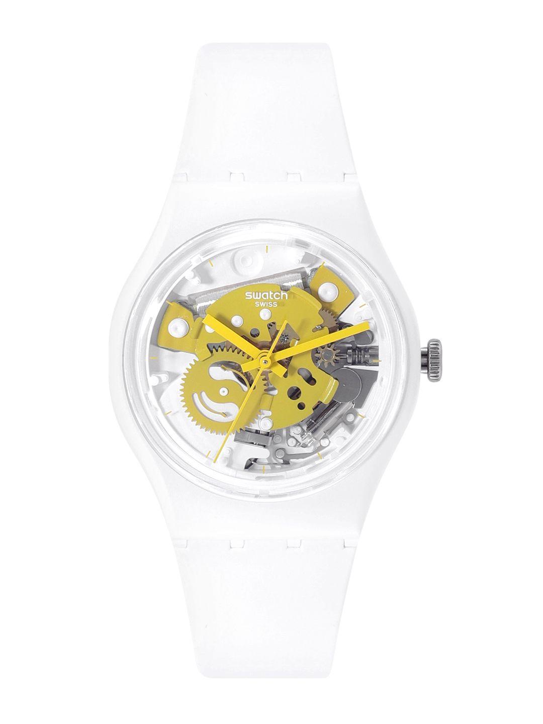swatch unisex white patterned dial & white ceramic straps water resistant analogue watch