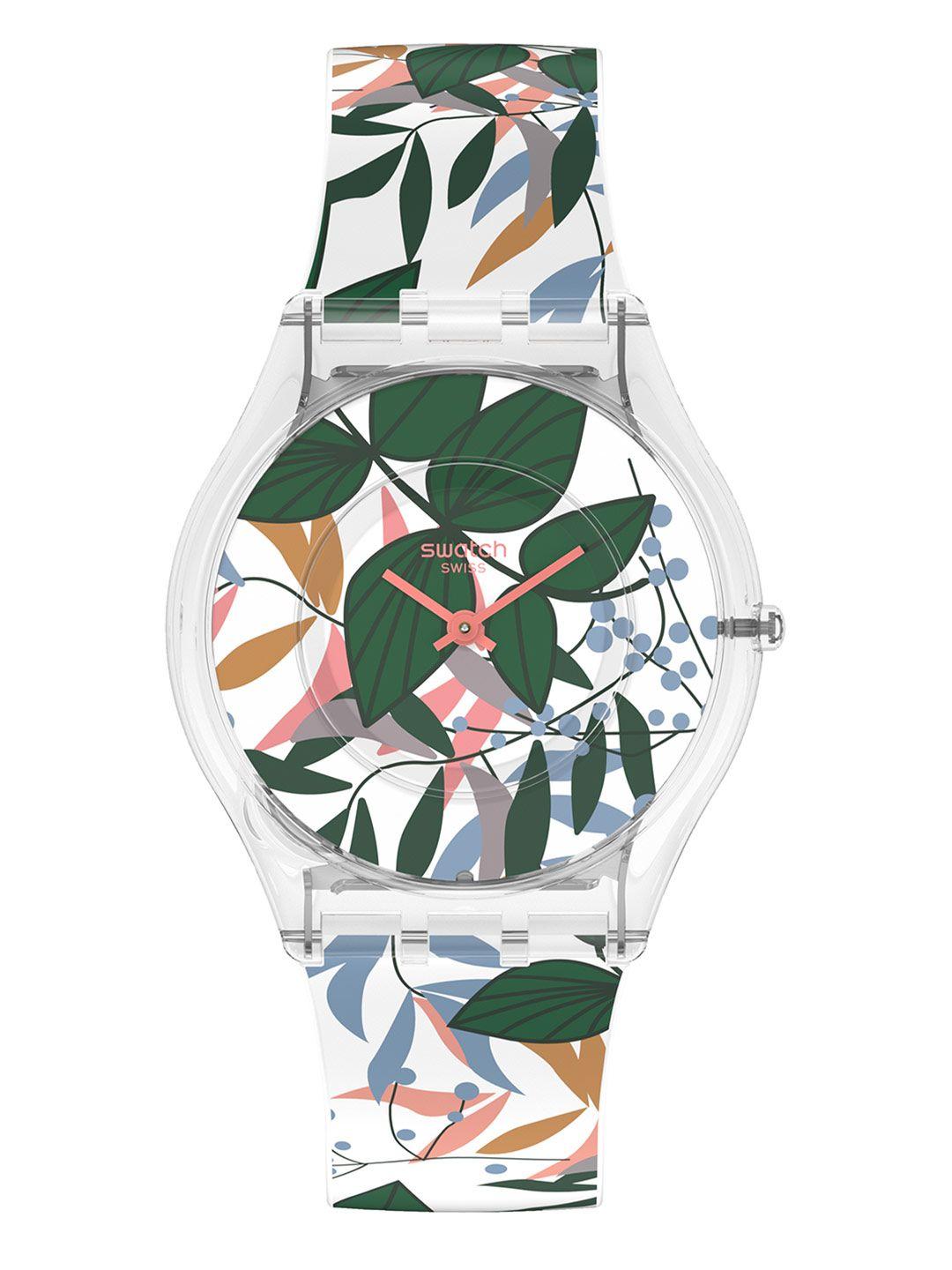 swatch unisex white printed dial & white straps analogue watch