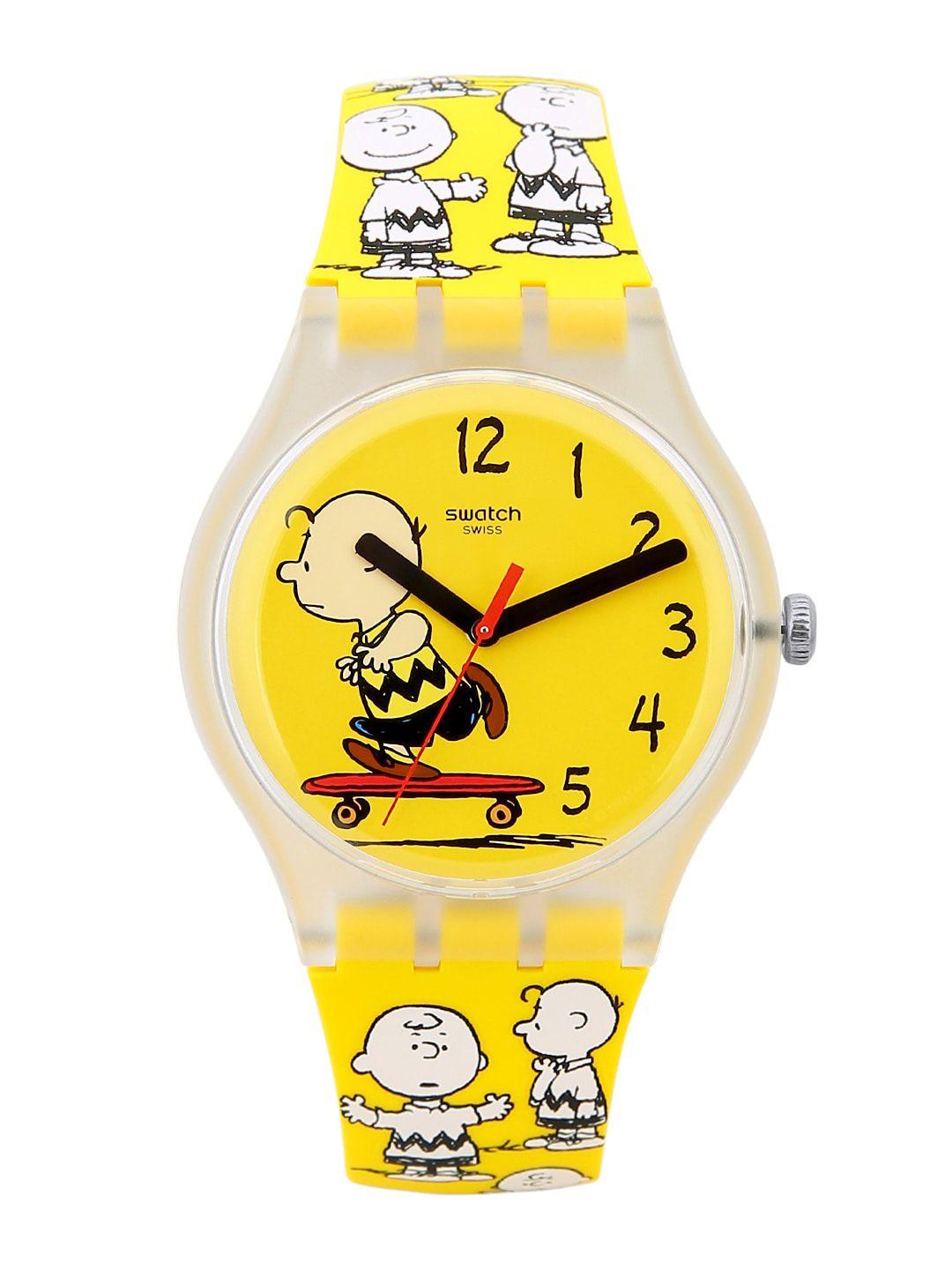 swatch unisex yellow printed dial & yellow straps analogue watch so29z101_a