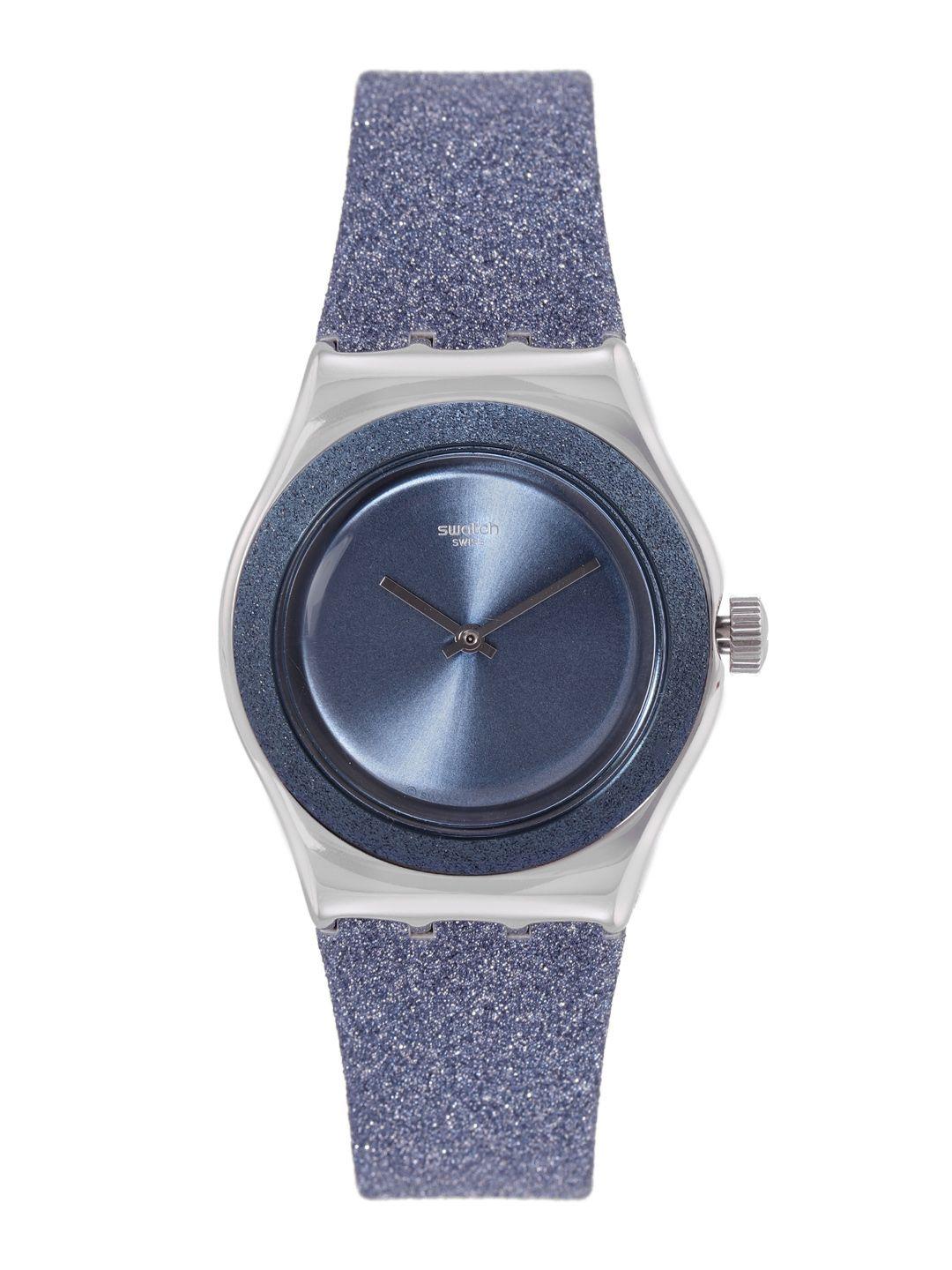 swatch women navy blue sparkle swiss water resistant analogue watch yls221