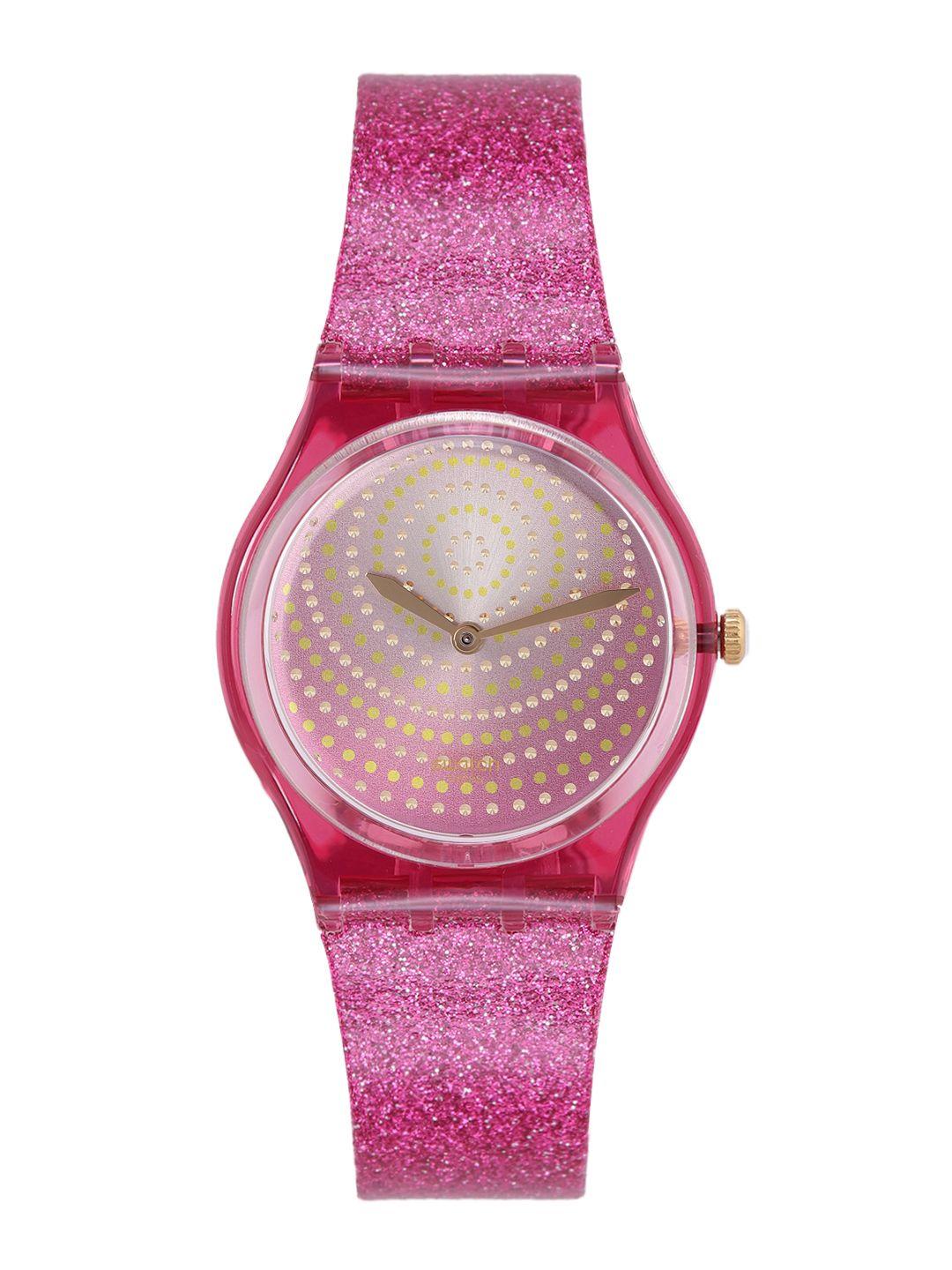 swatch women pink embellished chrysanthemum water resistant analogue watch gp169