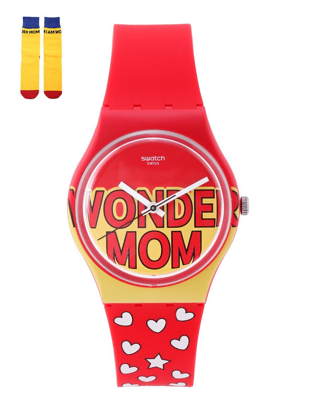 swatch women red & yellow #iamwondermom printed water resistant analogue watch with socks gz338