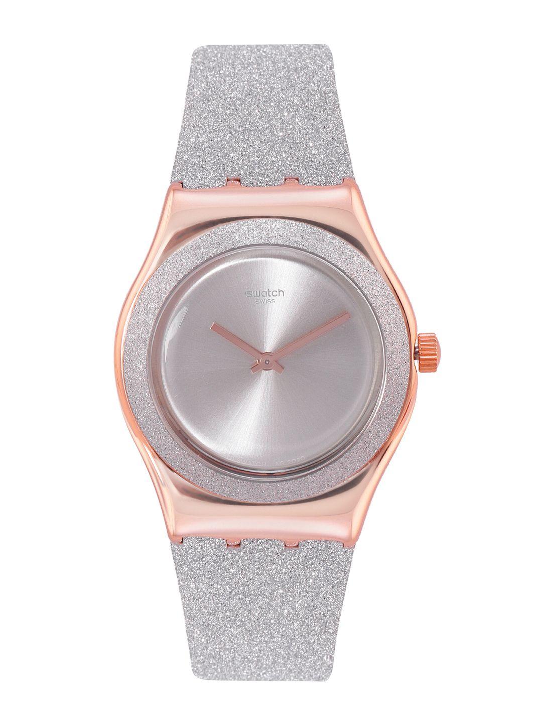 swatch women silver-toned sparkle water resistant analogue watch ylg145