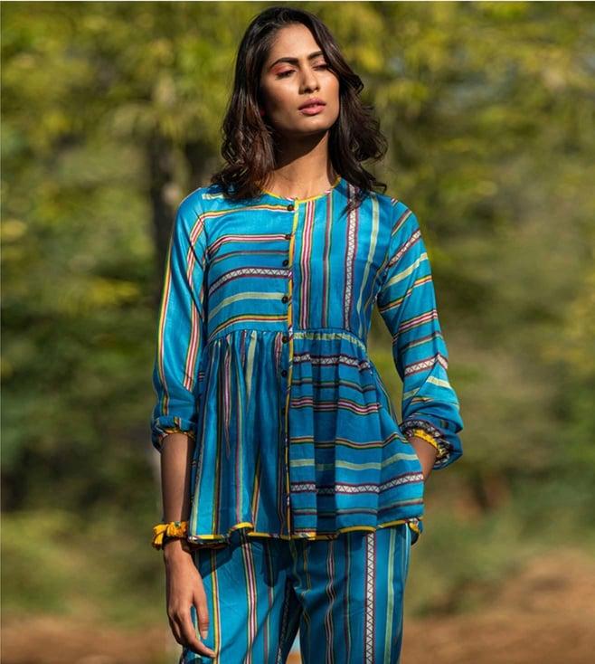 swati vijaivargie kamal stripes block turquoise shirt