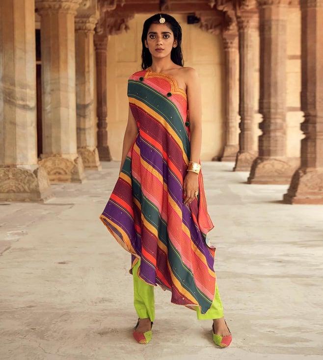 swati vijaivargie multi & neon green ramgarh cape with baradri pants