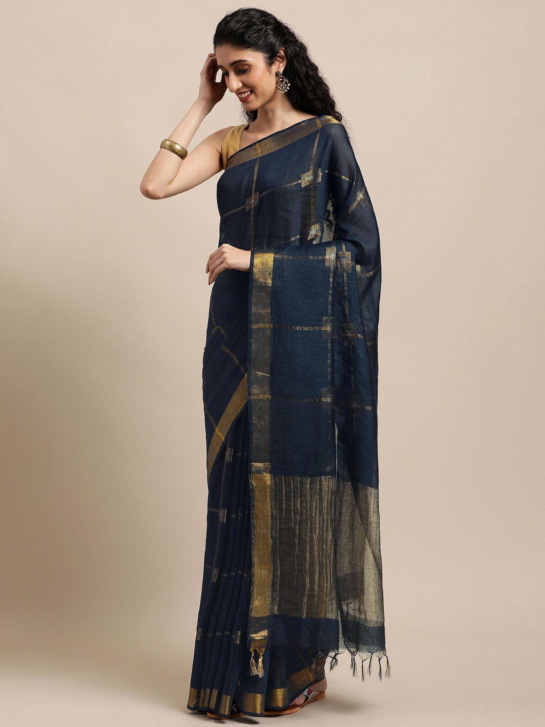 swatika navy blue checked zari silk blend handloom bhagalpuri saree