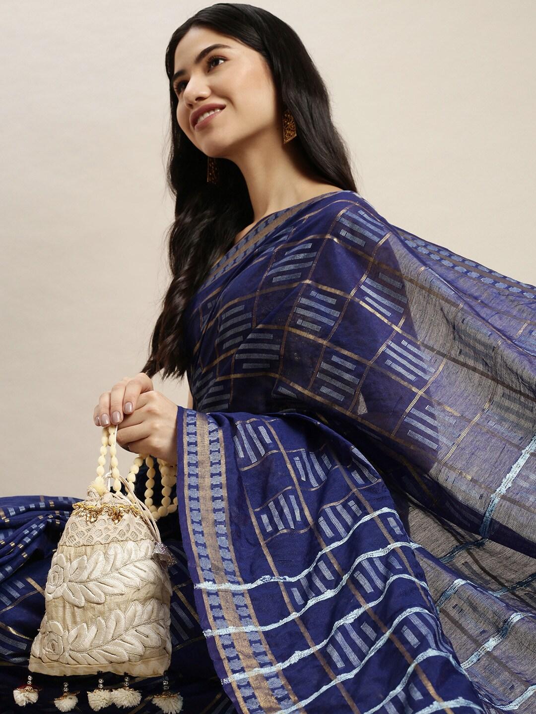 swatika navy blue woven design bhagalpuri saree with unstitched blouse piece
