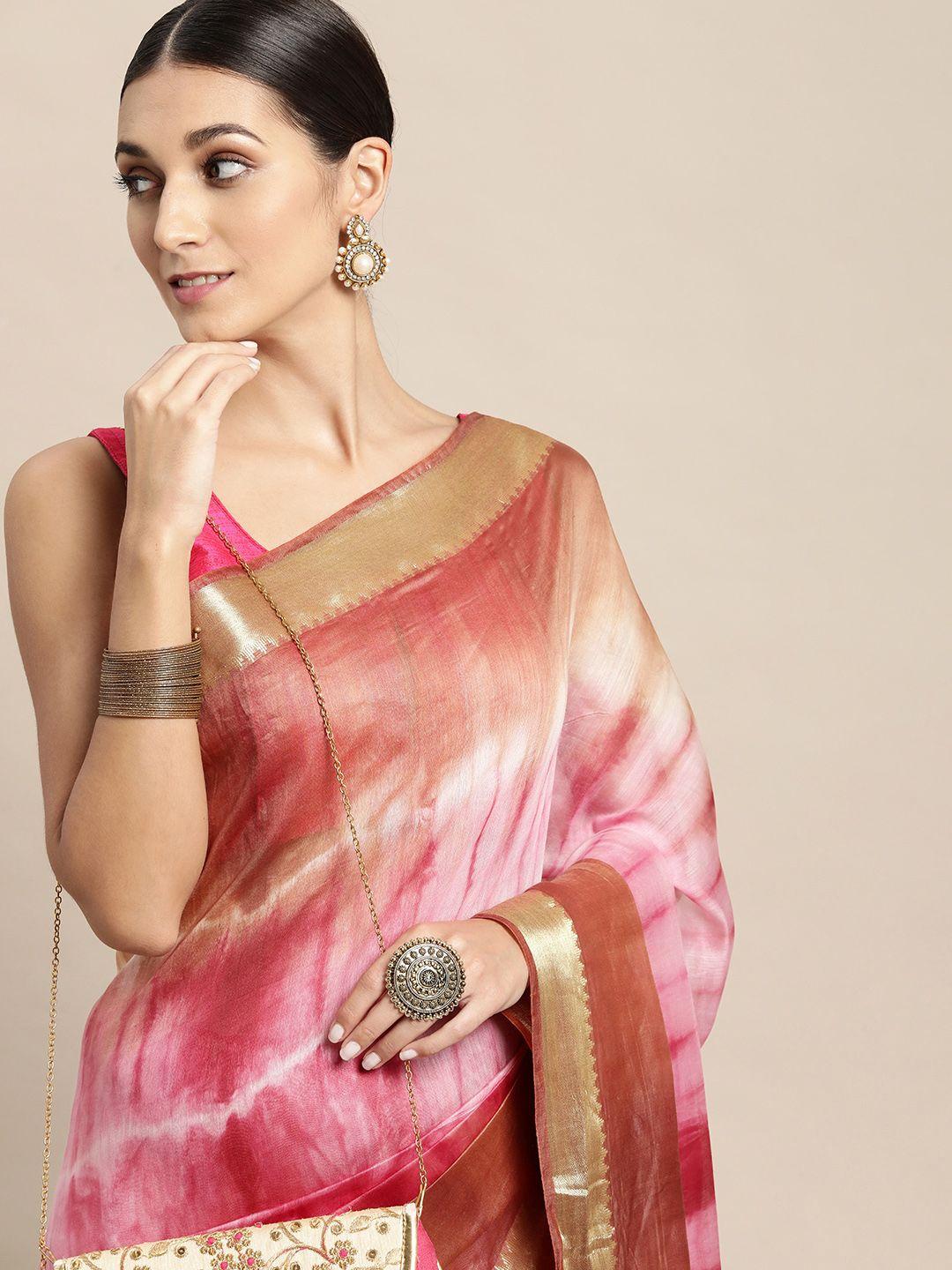 swatika pink & brown tie and dye pure silk bhagalpuri saree