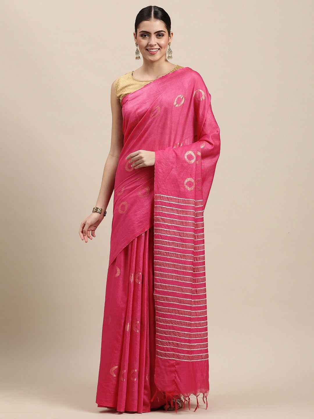 swatika pink & gold-toned zari silk blend muga saree