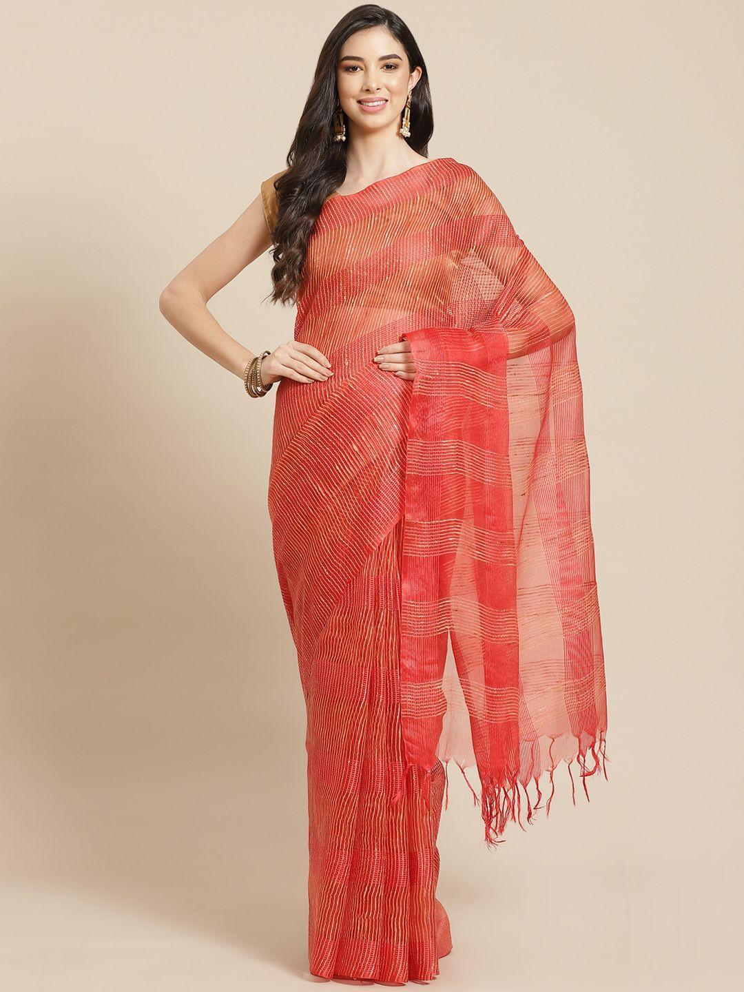 swatika red & golden striped zari silk blend bhagalpuri saree