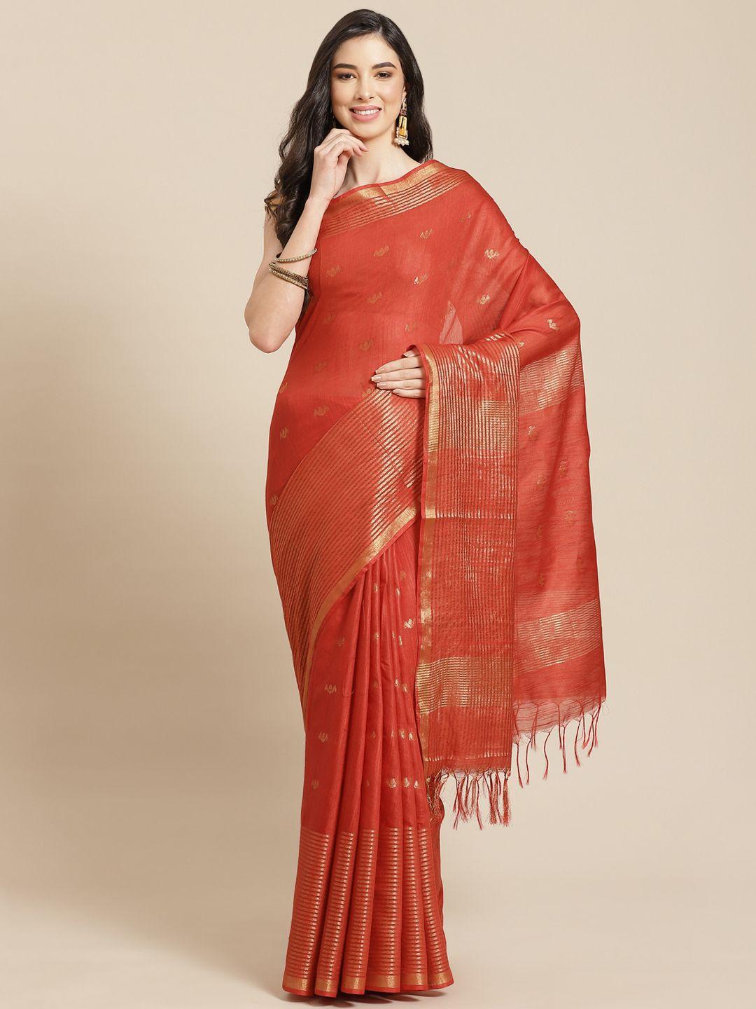 swatika red & golden zari silk blend bhagalpuri handloom saree & unstitched blouse piece