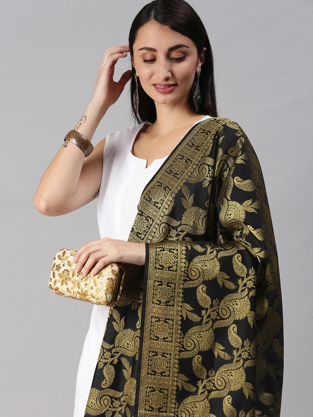 swatika black & gold-toned ethnic motifs woven design banarasi handloom dupatta with zari