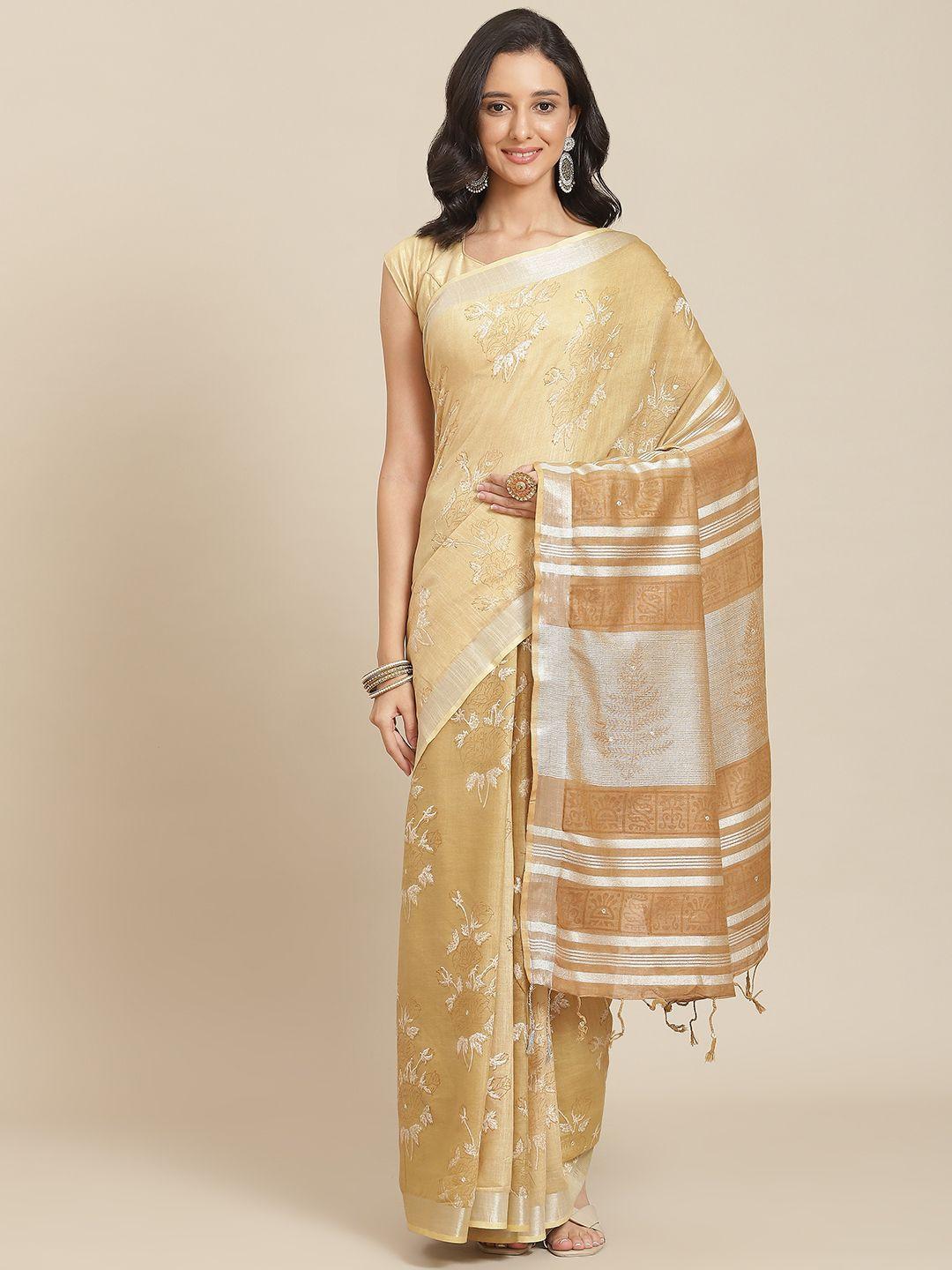 swatika brown & beige floral linen blend bhagalpuri saree