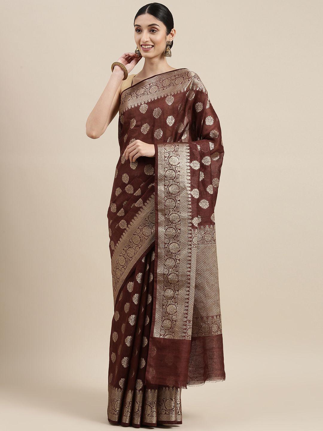 swatika brown & silver-toned woven design zari pure linen handloom banarasi saree