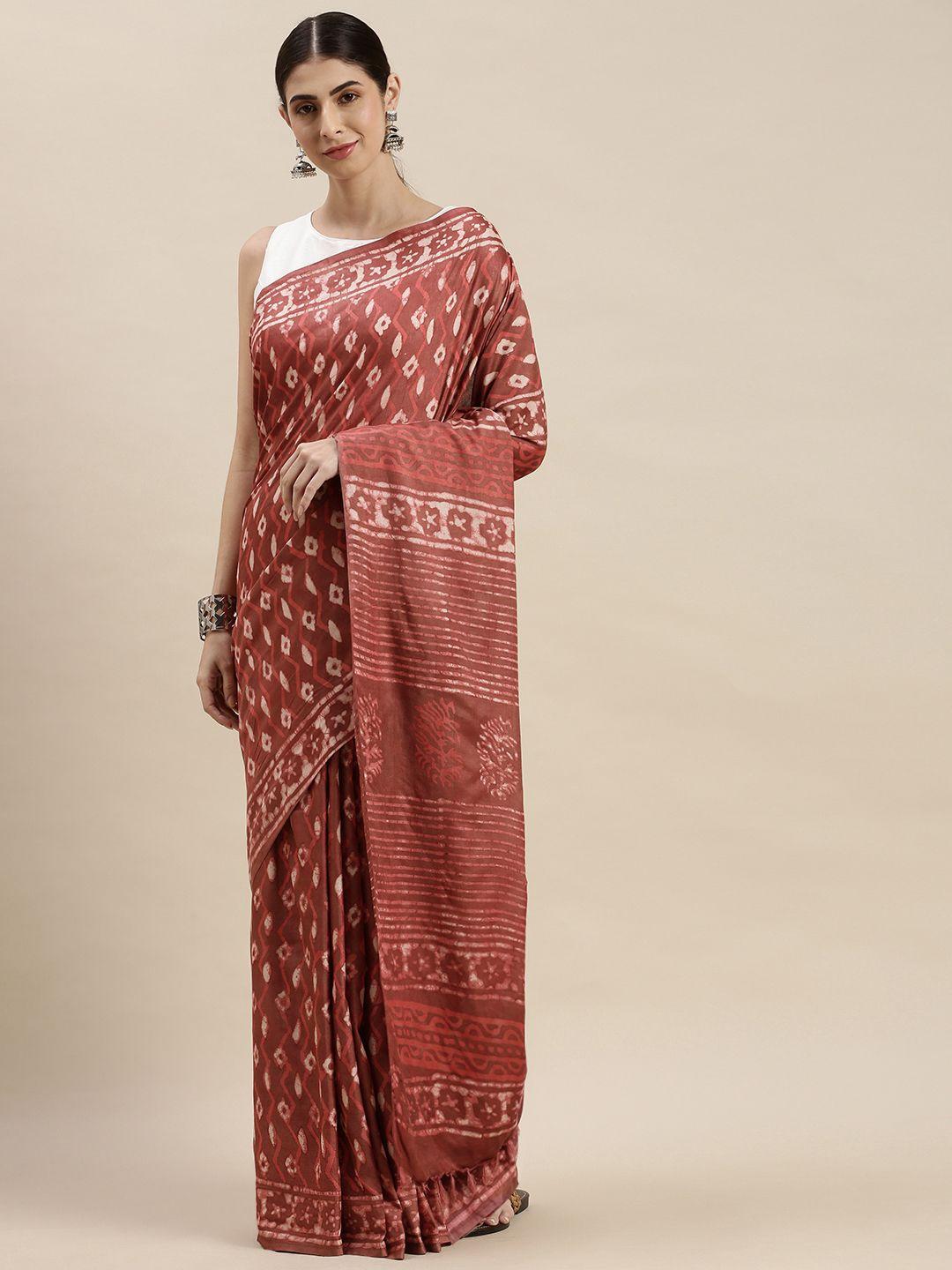swatika brown & white dabu silk blend mysore silk saree