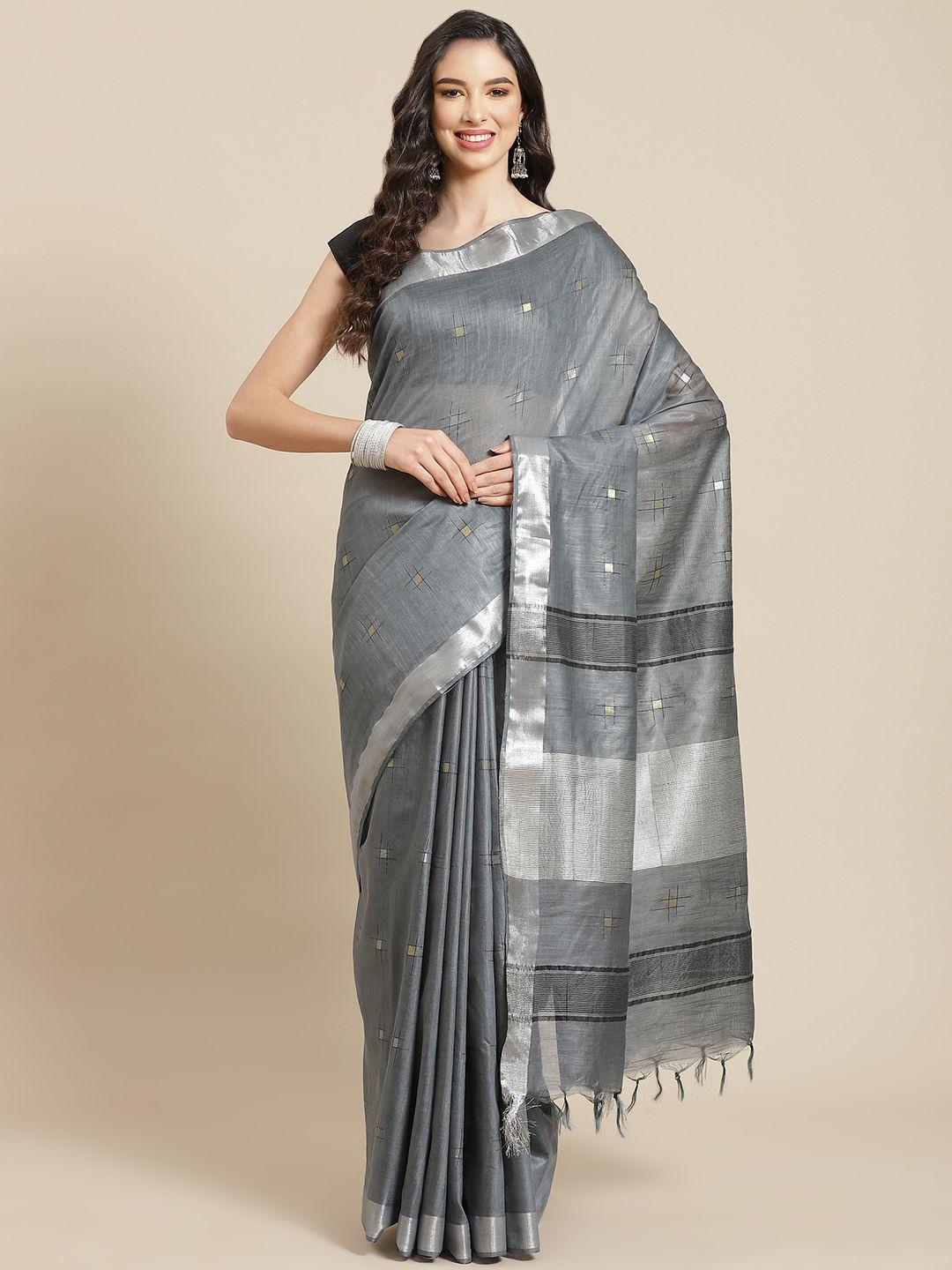 swatika charcoal grey & silver woven design zari silk blend bhagalpuri saree