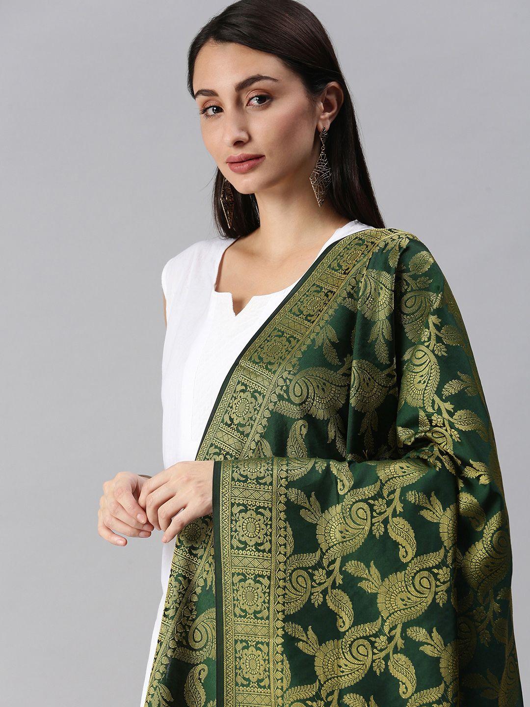 swatika green & gold-toned ethnic motifs woven design banarasi handloom dupatta with zari