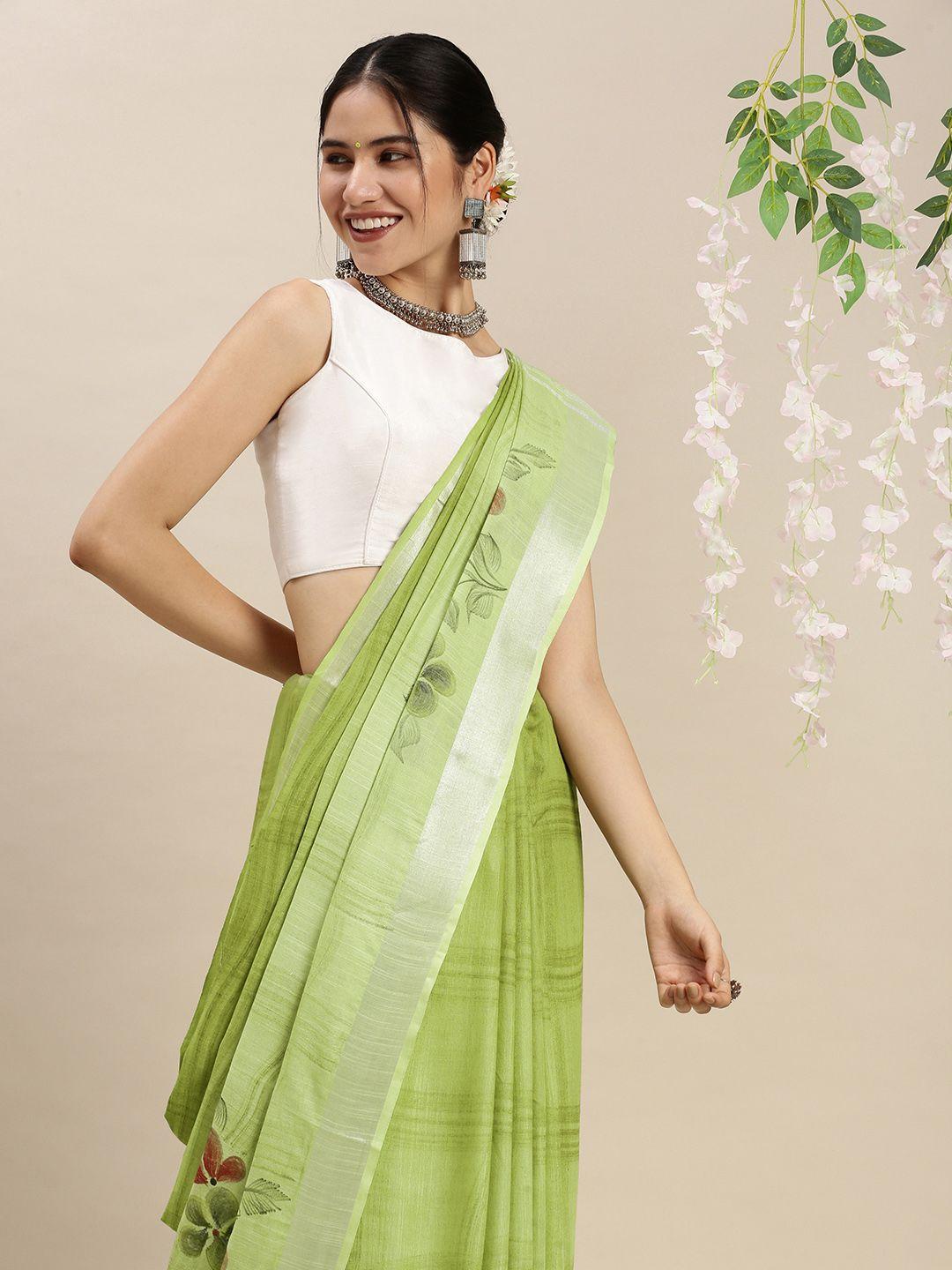 swatika green & grey floral printed linen blend bhagalpuri saree