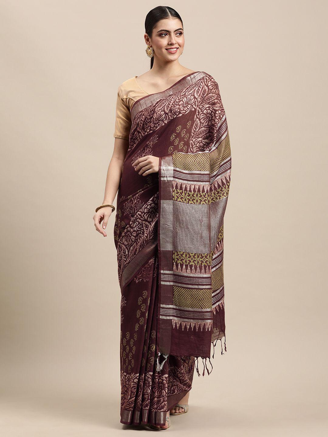 swatika maroon & beige ethnic motifs linen blend bhagalpuri saree