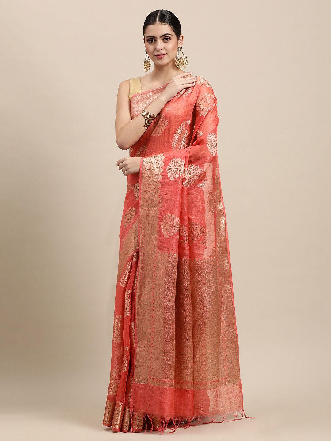 swatika peach-coloured & golden zari woven pure linen banarasi saree