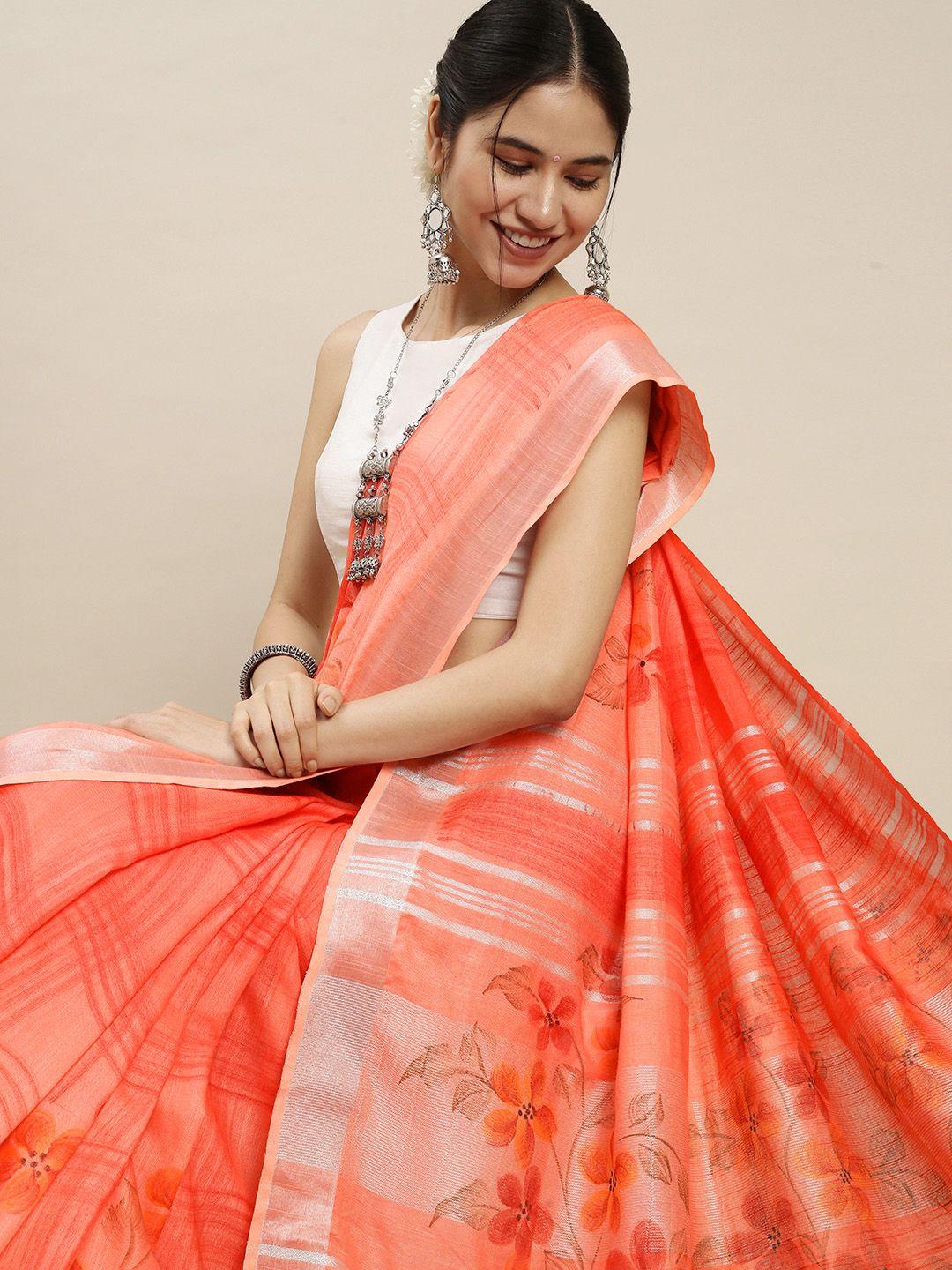 swatika peach-coloured & grey floral printed linen blend bhagalpuri saree