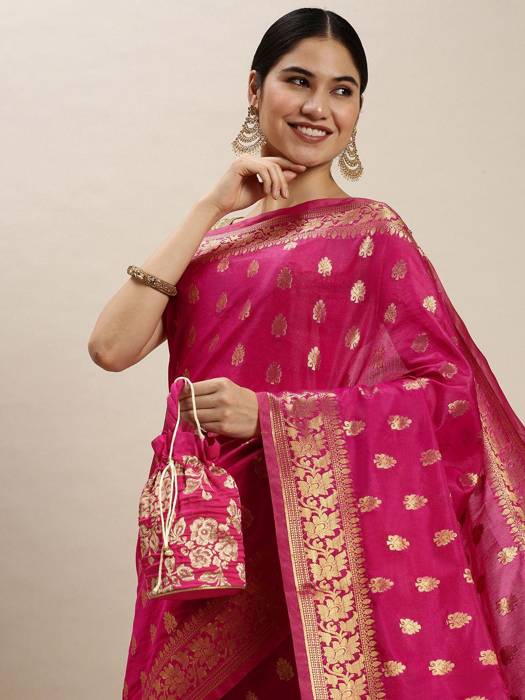 swatika pink & gold-toned woven design ethnic motifs pure silk bhagalpuri saree