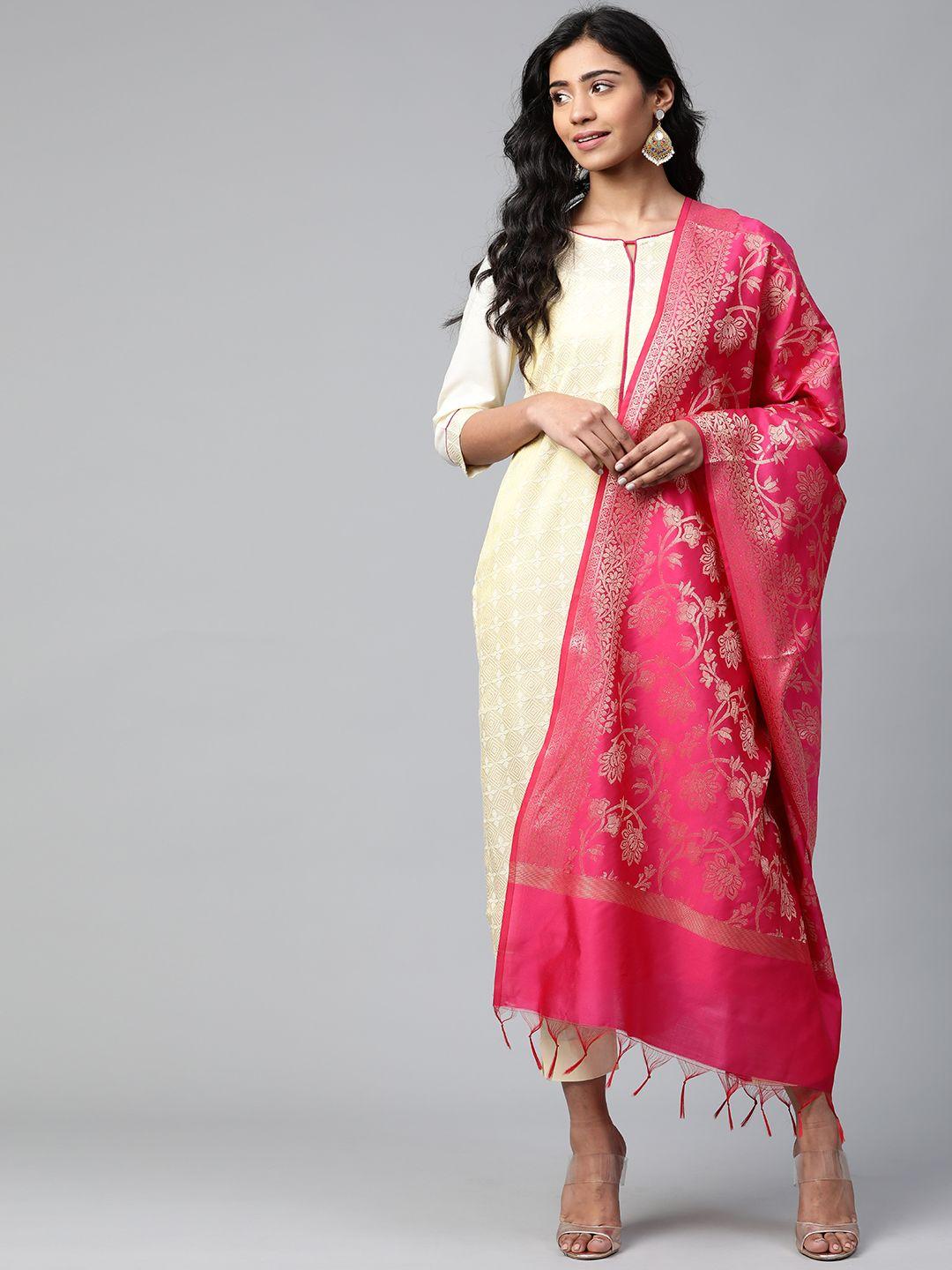 swatika pink & golden handloom zari woven design dupatta