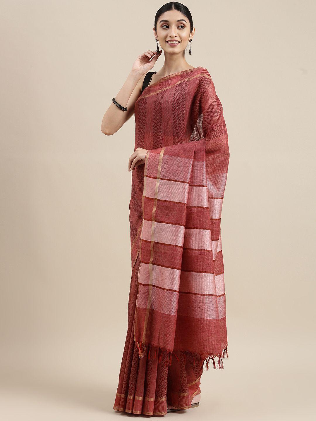 swatika pink striped zari silk blend handloom bhagalpuri saree