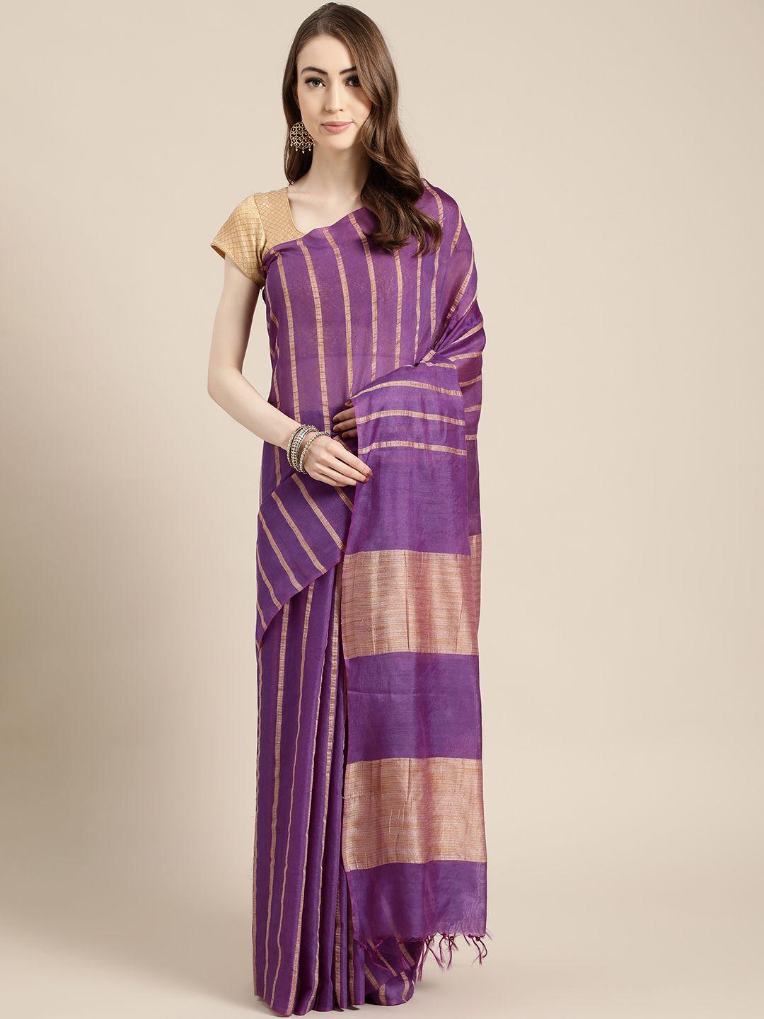 swatika purple & beige striped handloom muga saree