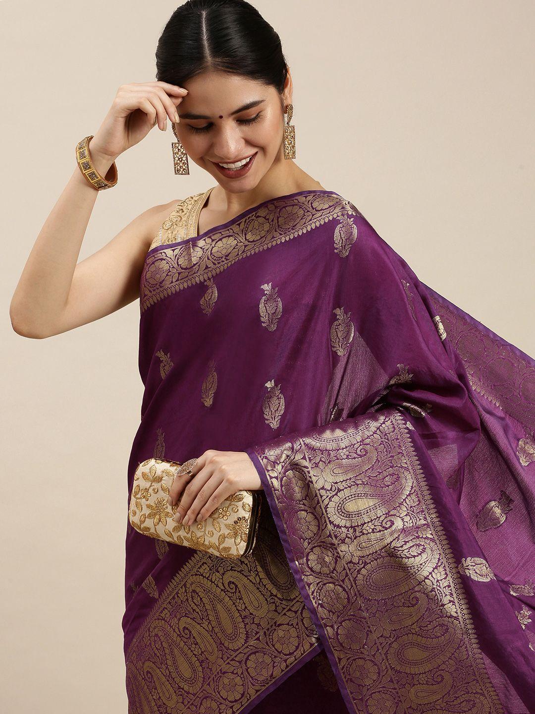 swatika purple & gold-toned woven design paisley pure silk bhagalpuri saree