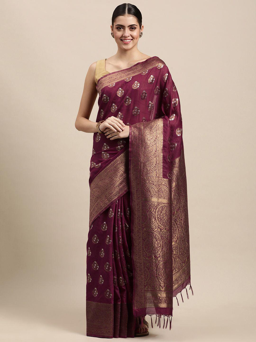 swatika purple & golden ethnic motifs zari liva banarasi saree