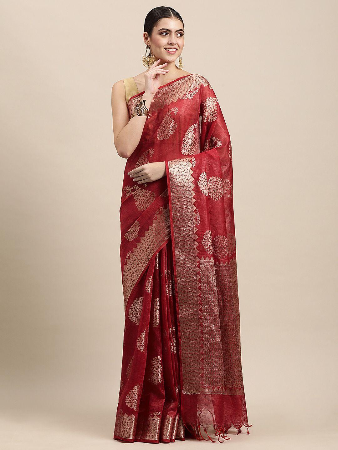 swatika red & gold-toned paisley zari pure linen banarasi saree