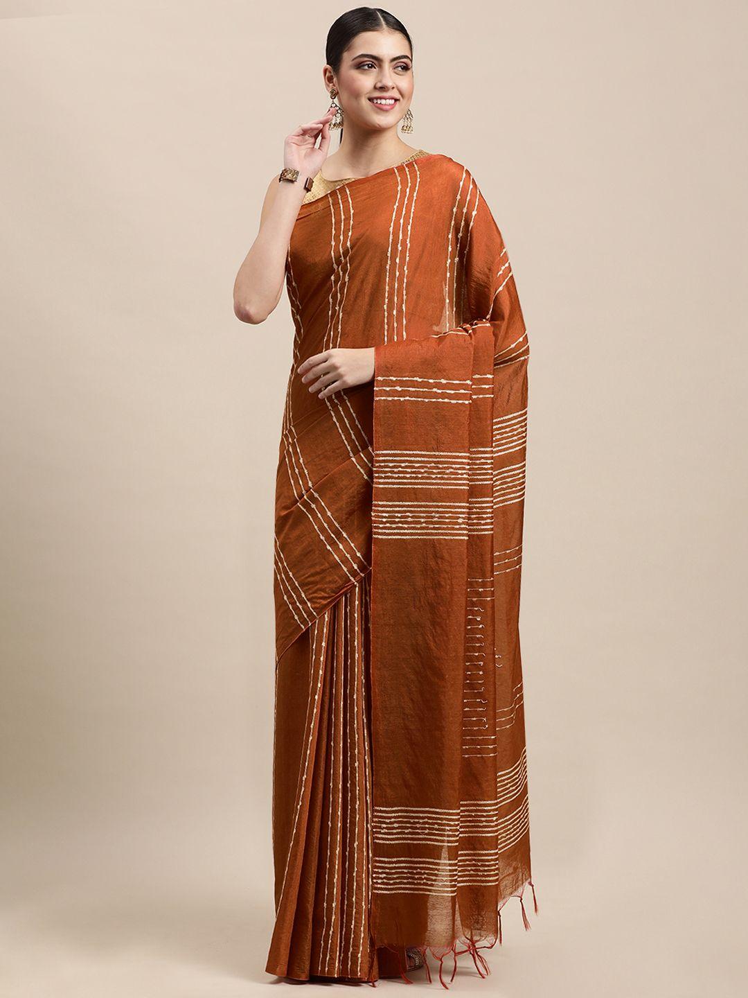 swatika rust striped zari silk blend muga saree