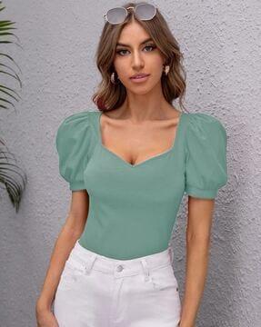 sweatheart-neck top with puff sleeves