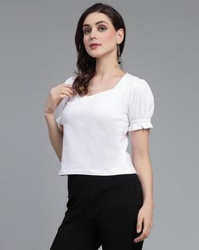sweatheart-neck top with puff sleeves