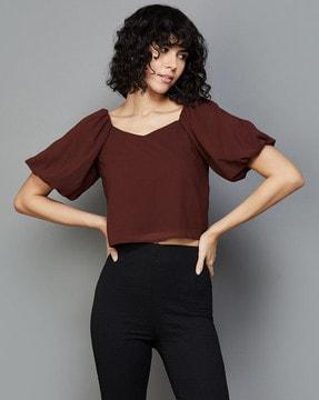 sweatheart-neck top with puff sleeves