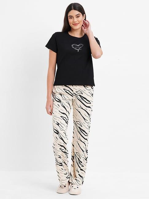 sweet dreams black & off-white cotton printed t-shirt pyjama set