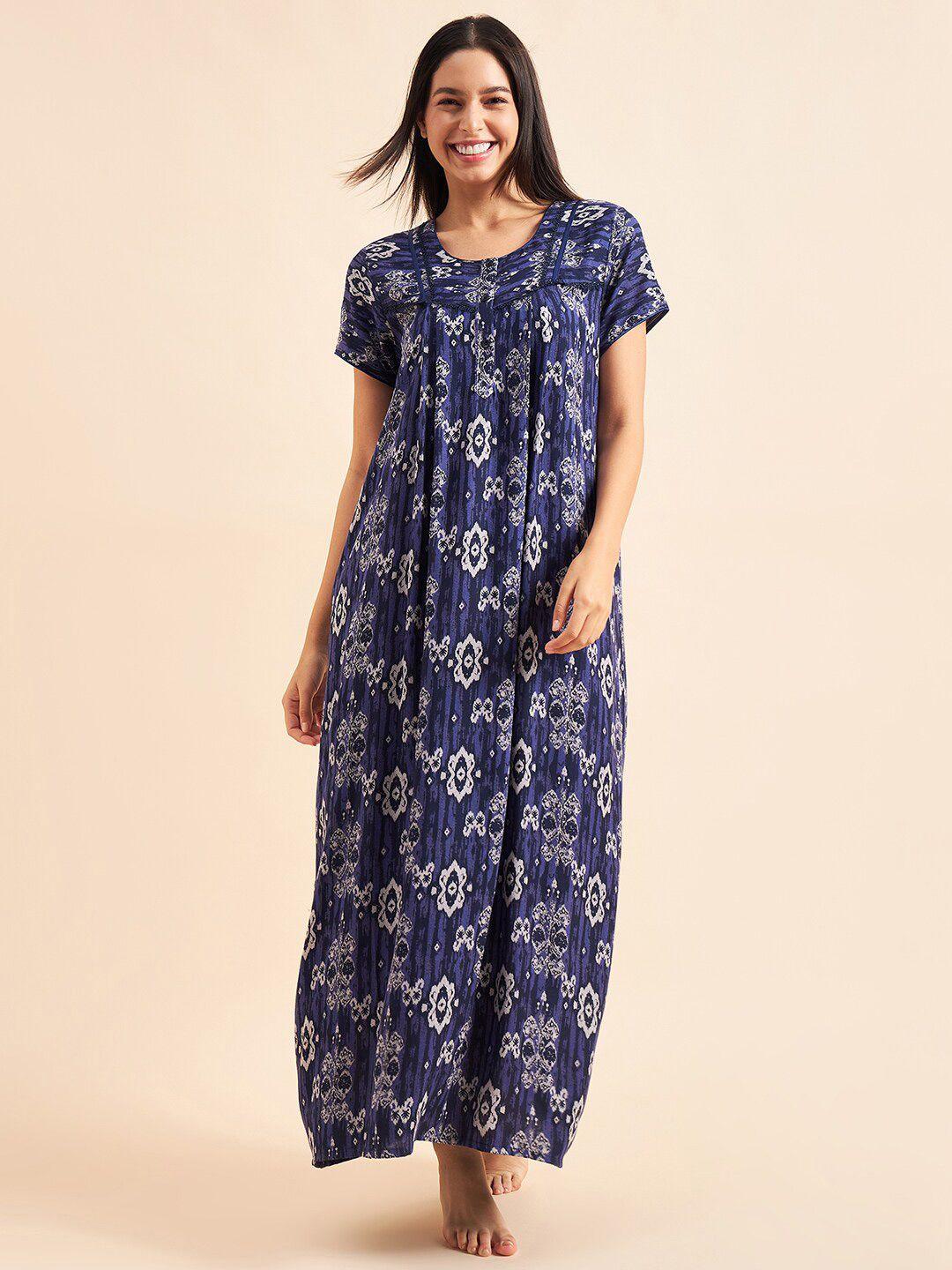 sweet dreams blue & white abstract printed maxi pure cotton nightdress