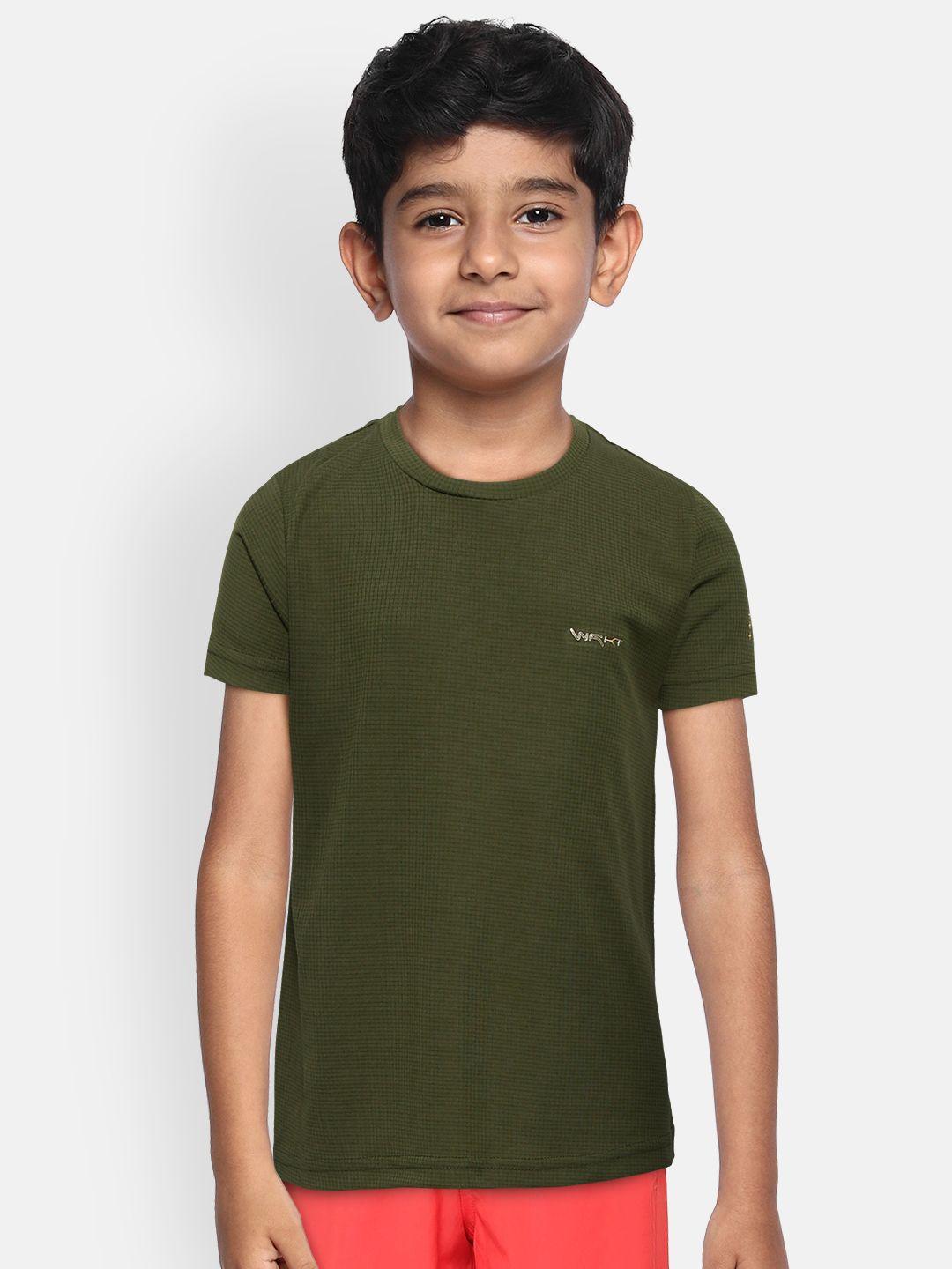 sweet dreams boys olive green self-checked round neck t-shirt