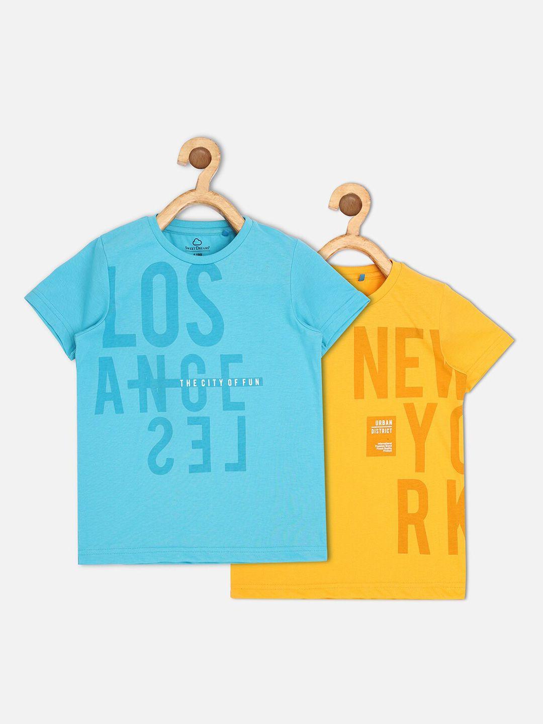 sweet dreams boys yellow & sky blue typography printed pack of 2 t-shirts