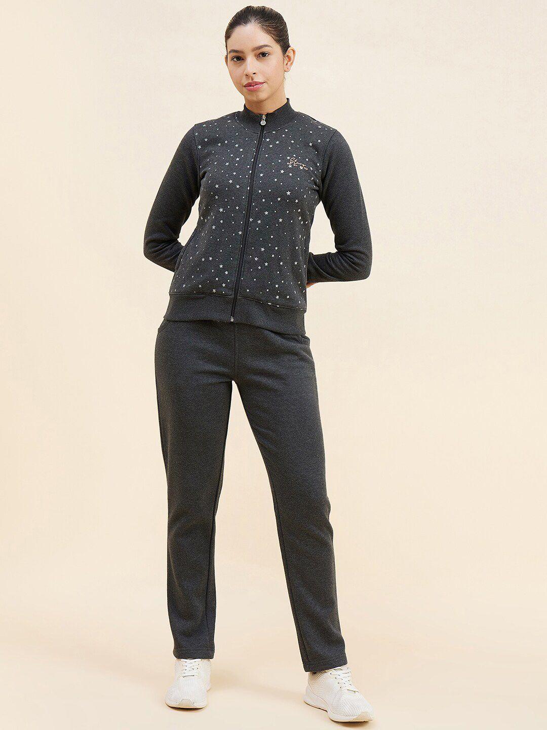 sweet dreams charcoal geometric printed mock collar fleece sweatshirt & trackpant