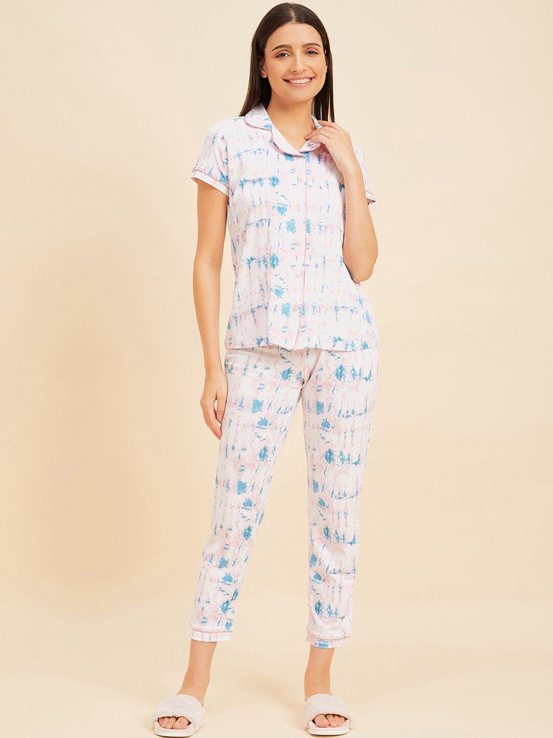 sweet dreams cream-coloured & blue tie and dye night suit