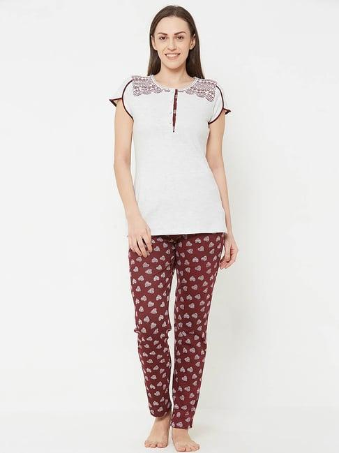 sweet dreams ecru melange & brown printed t-shirt with pyjamas